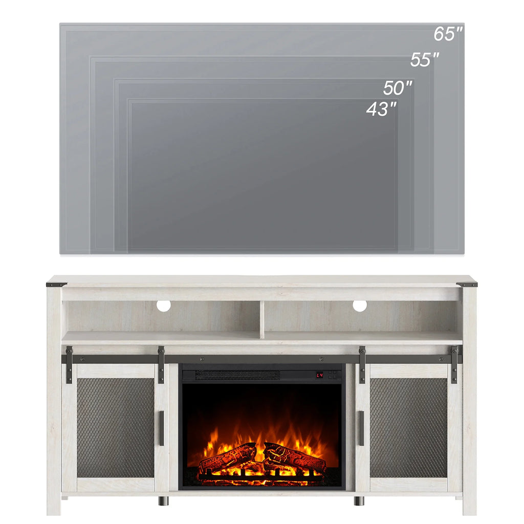 WAMPAT Farmhouse Fireplace TV Stand for 65+ Inch TV with Electric Fireplace, Antique White N223