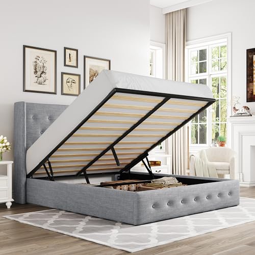 Allewie Full Size Lift Up Storage Bed with Wingback Headboard, Light Beige C85153