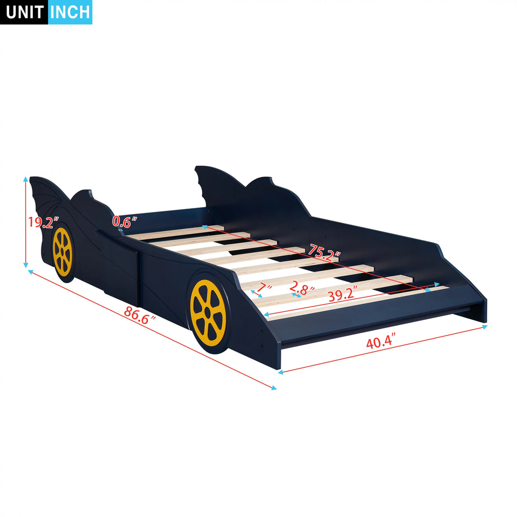 iRerts Race Car Shaped Twin Bed Frame for Kids, Wood Platform Bed with Wheels, Blue/Yellow V249491