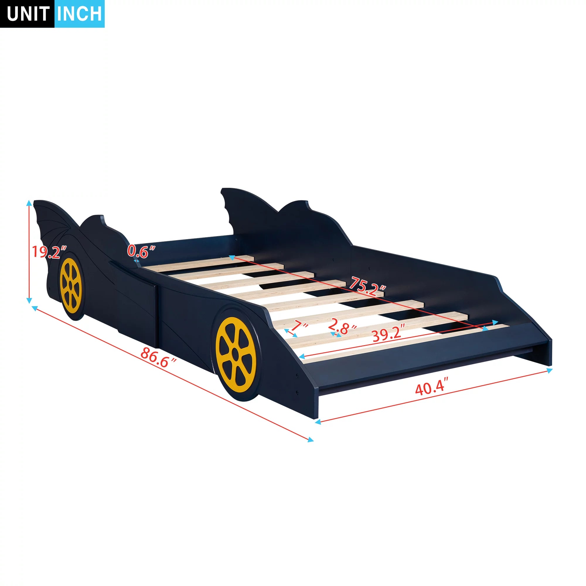 iRerts Race Car Shaped Twin Bed Frame for Kids, Wood Platform Bed with Wheels, Blue/Yellow V249491