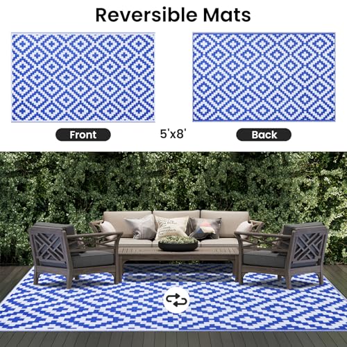 Smiry Waterproof Outdoor Rug 5x8 ft, Reversible Plastic Straw Patio Mat, Black & Beige P20186