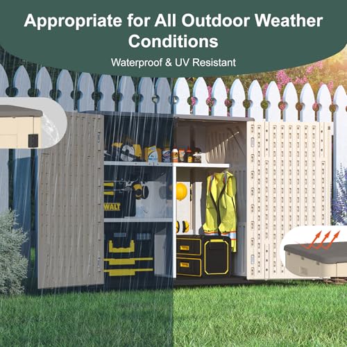 60 Cu.Ft Vertical Outdoor Storage Shed, All-Weather Resin Cabinet, Lockable, Khaki A6694