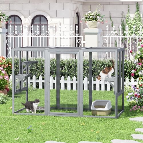 Outdoor Cat Enclosure Weatherproof Wooden Catio with 3 Platforms Grey D292834