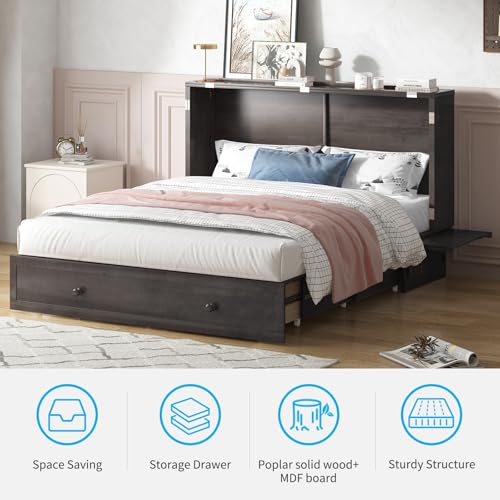 Mjkone Queen Size Murphy Bed with Tri-Folding Mattress and Charging Station N4725