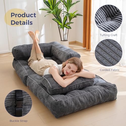 MAXYOYO Folding Sofa Bed L-Shaped Convertible Sleeper Couch with Pillow, Dark Grey X9070