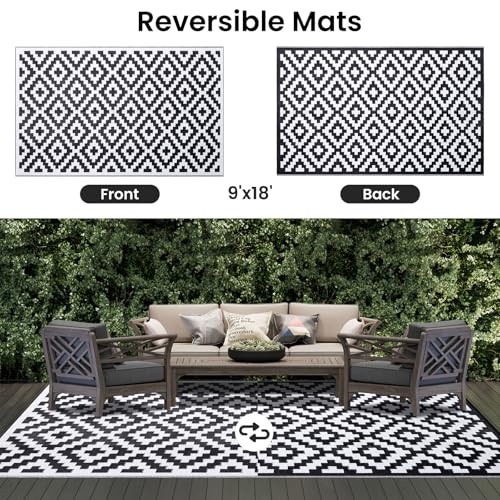 Smiry Waterproof Outdoor Rug 5x8 ft, Reversible Plastic Straw Patio Mat, Black & Beige P20186