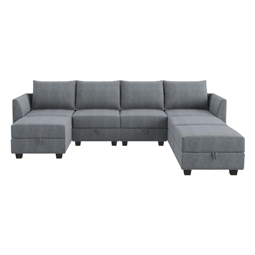 HONBAY Modular Sectional Sofa U Shaped Couch with Storage, Bluish Grey O55291