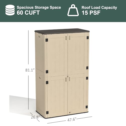 60 Cu.Ft Vertical Outdoor Storage Shed, All-Weather Resin Cabinet, Lockable, Khaki A6694