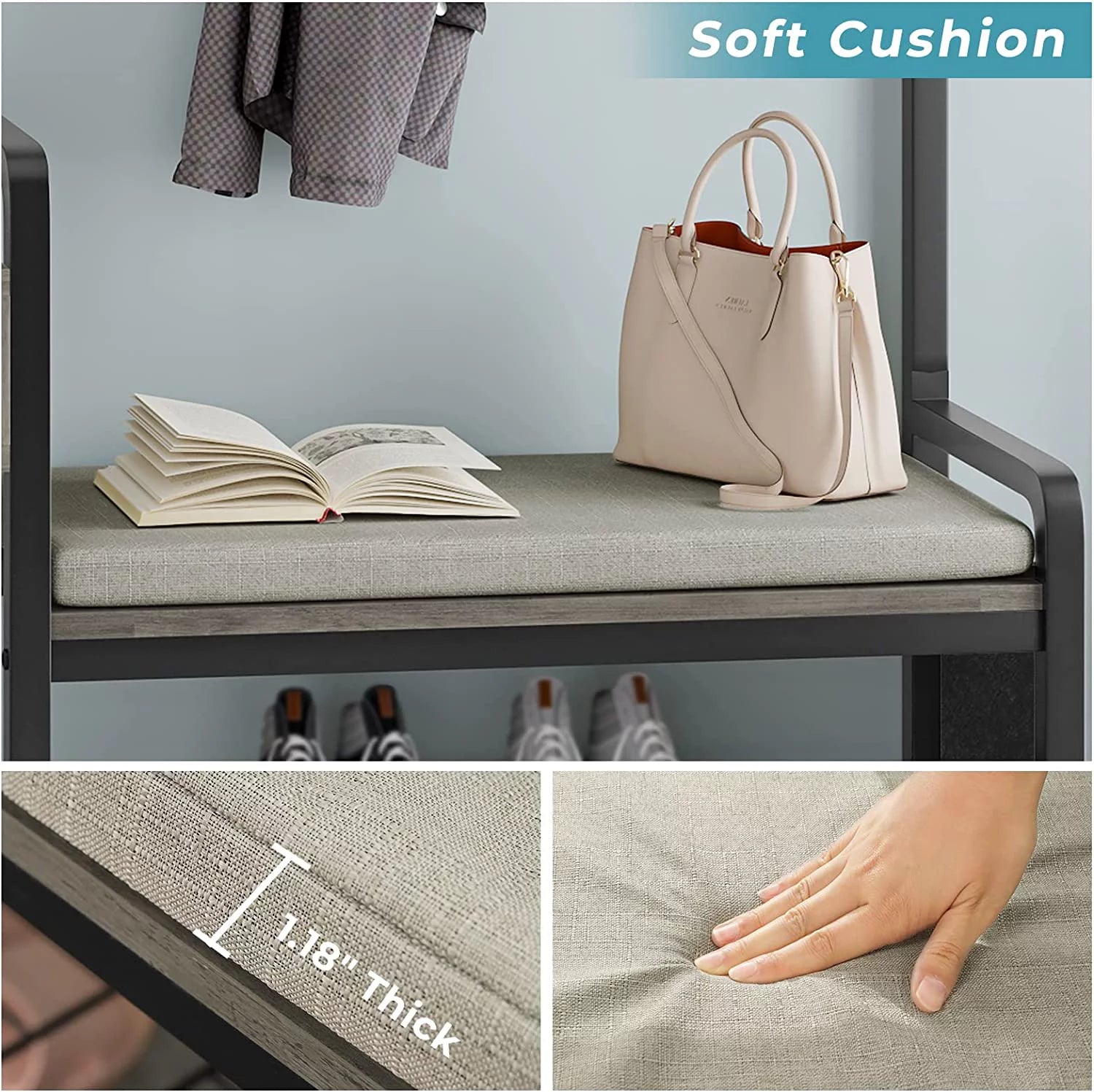 Hall Tree Entryway Bench with Shoe Rack, Coat Rack and Storage, Oak Grey J1669