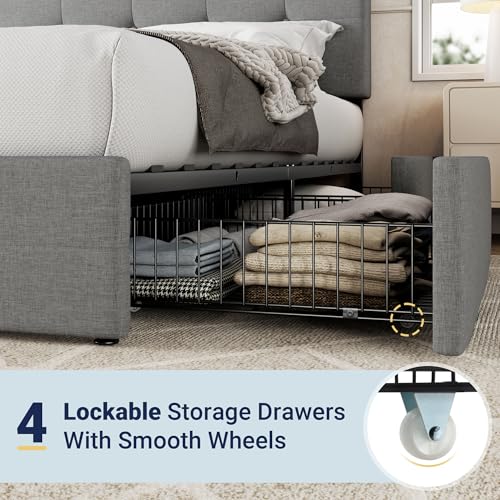 Allewie Upholstered Queen Platform Bed Frame with 4 Drawers and Headboard, Light Grey A922