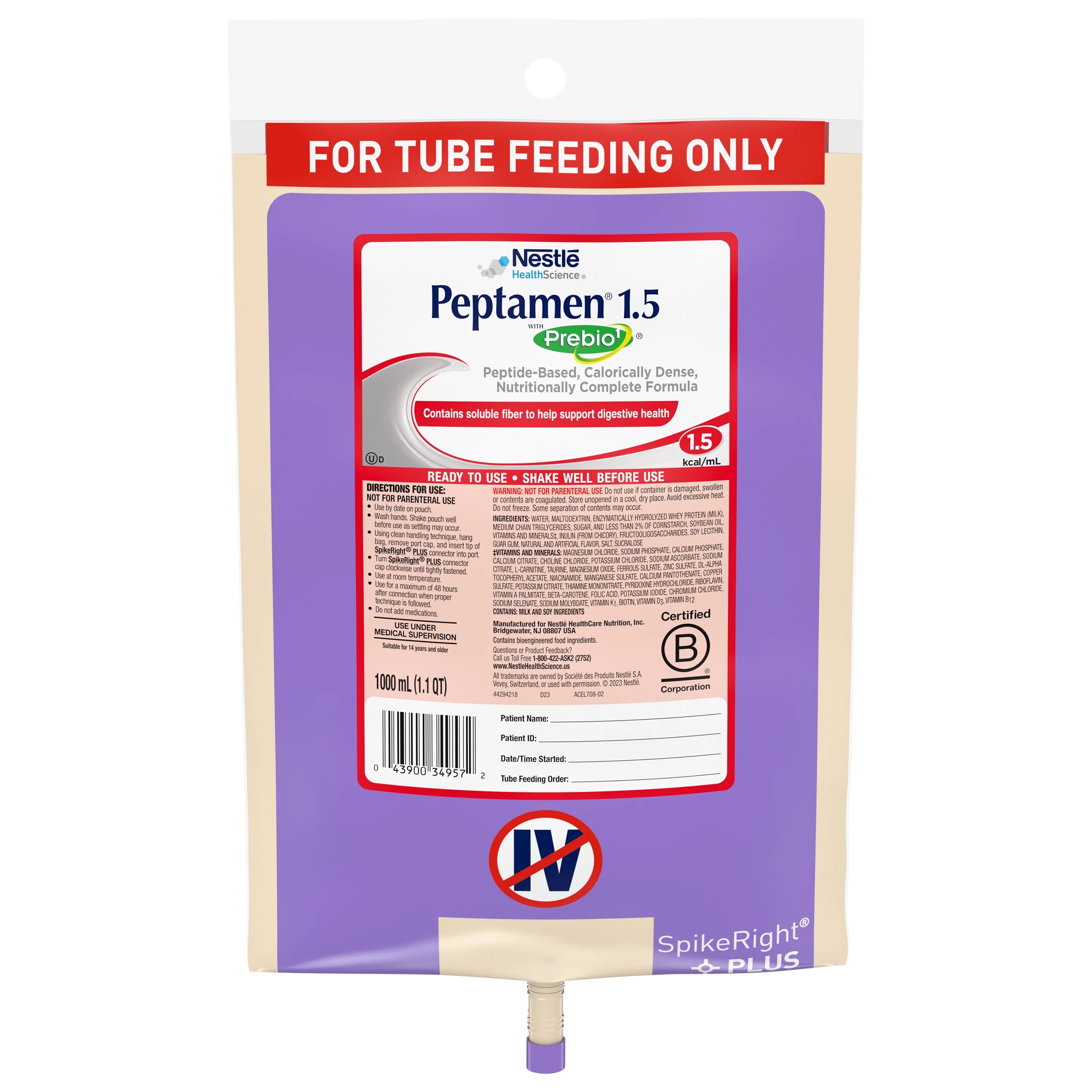 Peptamen 1.5 with Prebio1 Tube Feeding Formula, 33.8 oz. Ready to Hang Bag Z382
