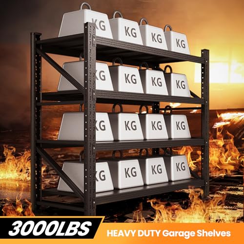 71" W Heavy Duty Steel Garage Shelving, 4-Tier Adjustable Storage Rack, Black C40455