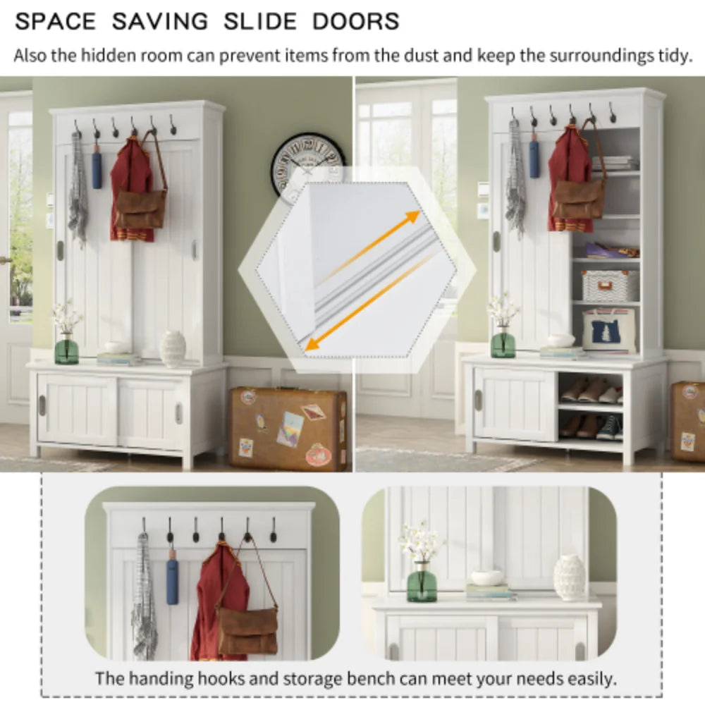 White Wooden Hall Tree with Sliding Doors and Storage Bench O243