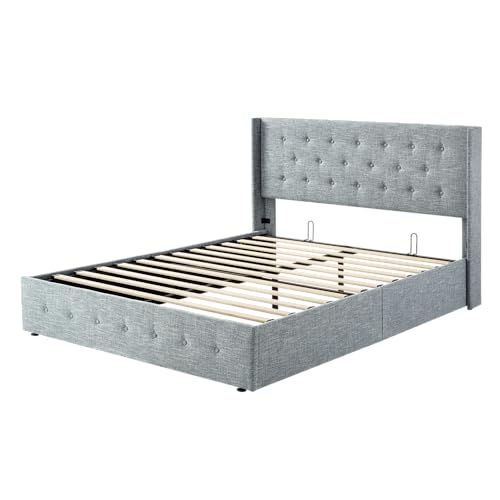 Allewie Full Size Lift Up Storage Bed with Wingback Headboard, Light Beige C85153