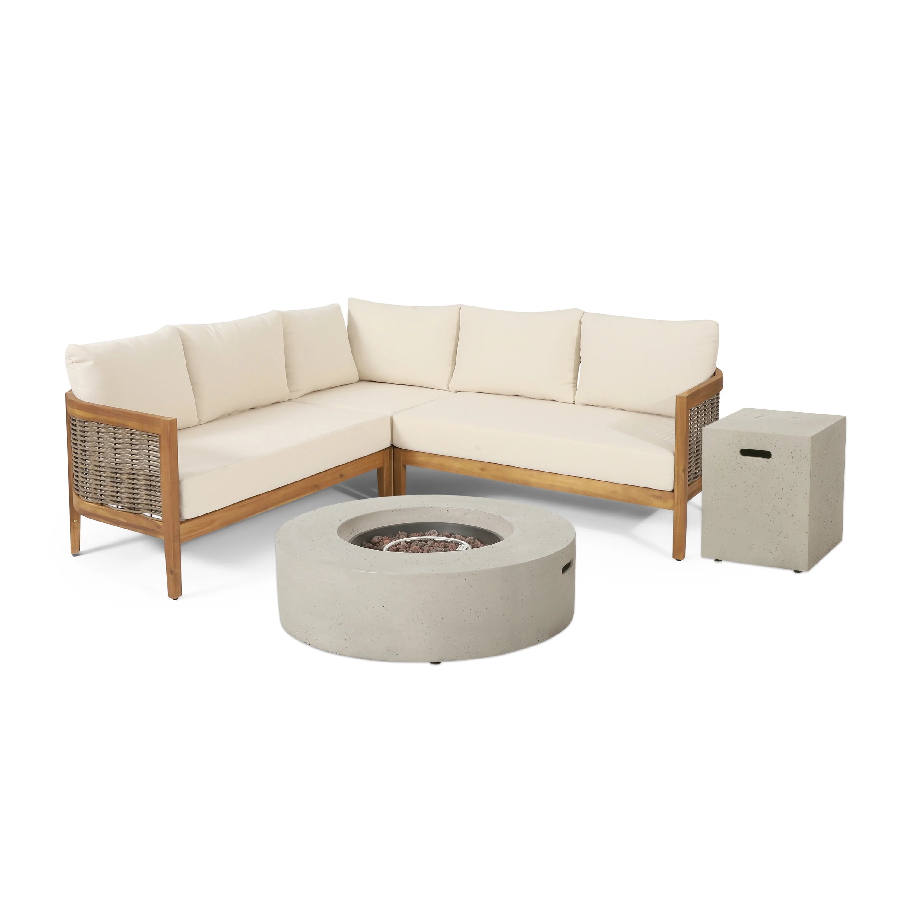Christopher Knight Home Burchett Outdoor Acacia Wood Wicker 5 Seater Sectional Sofa Chat Set with Fire Pit P7246