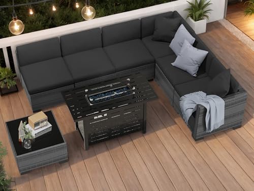 KIGOTY Patio Furniture Set 7 Pieces Outdoor Sectional Sofa with Cushions and Glass Coffee Table B60021