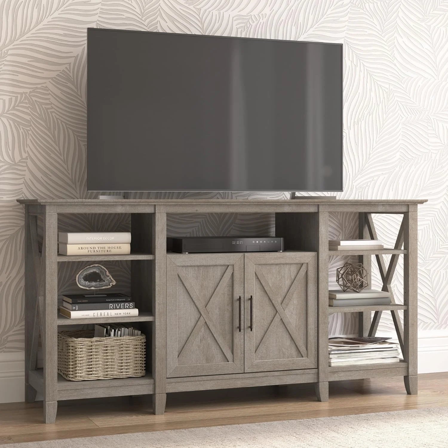 Key West Tall Stand for 65 Inch TV, Farmhouse Entertainment Center, Washed Gray F7941