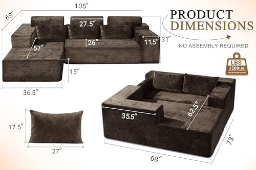 HABUTWAY 105" L-Shape Modular Sectional Sofa, Grey Velvet G848557