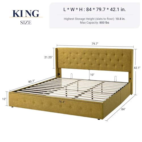 Allewie Full Size Lift Up Storage Bed with Wingback Headboard, Light Beige C85153