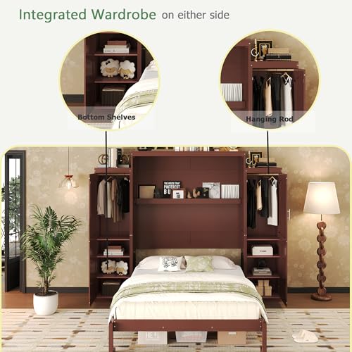 Polib Full Size Murphy Bed with Two Wardrobes and Storage Shelf, White S302797