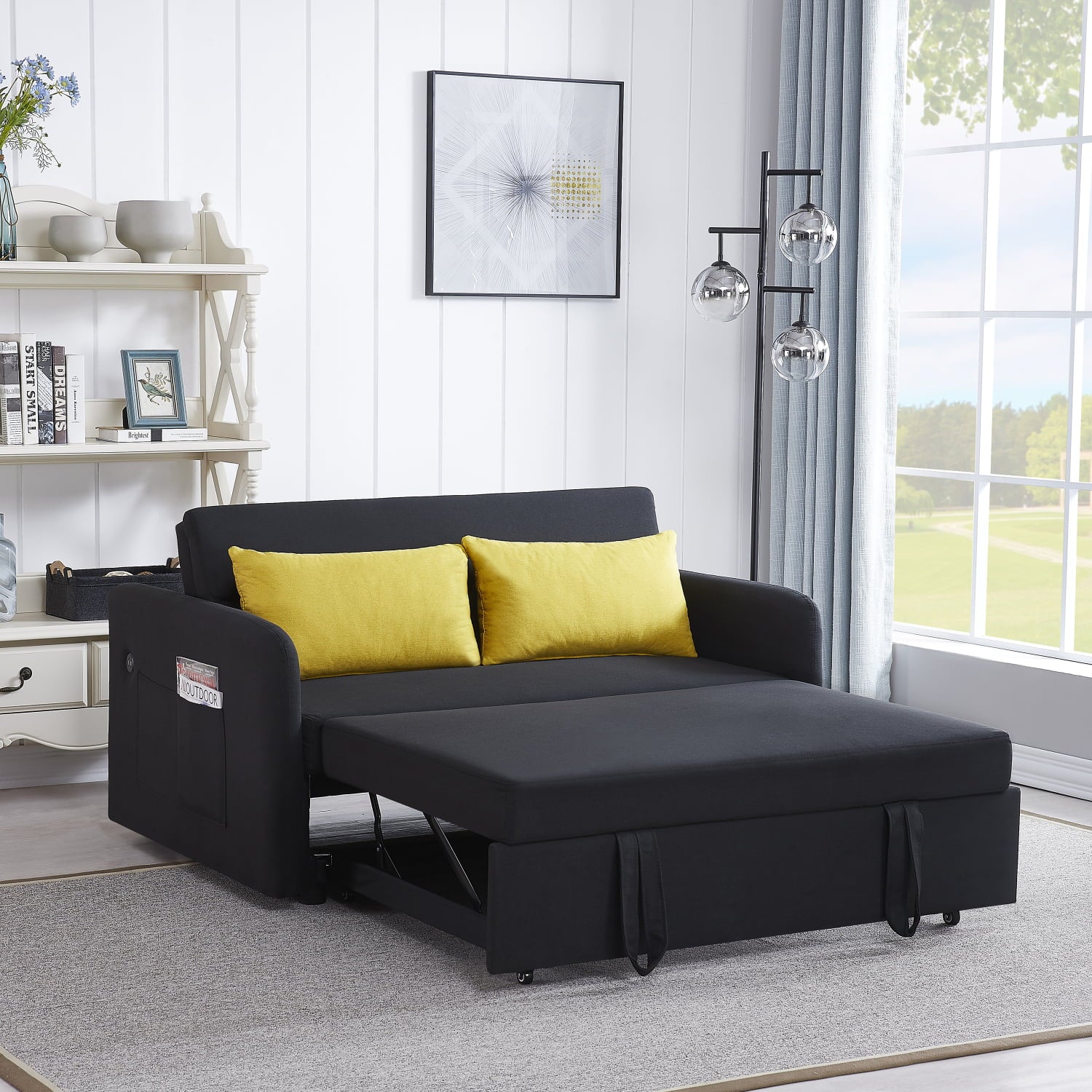 Holaki Velvet Convertible Loveseat Sleeper Sofa Bed with USB, Black G28354