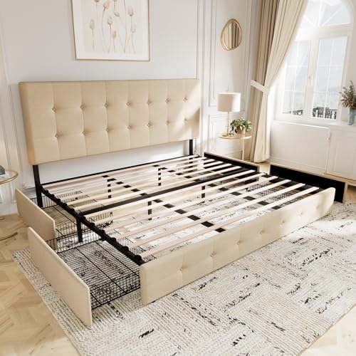 Allewie Upholstered Queen Platform Bed Frame with 4 Drawers and Headboard, Light Grey A922