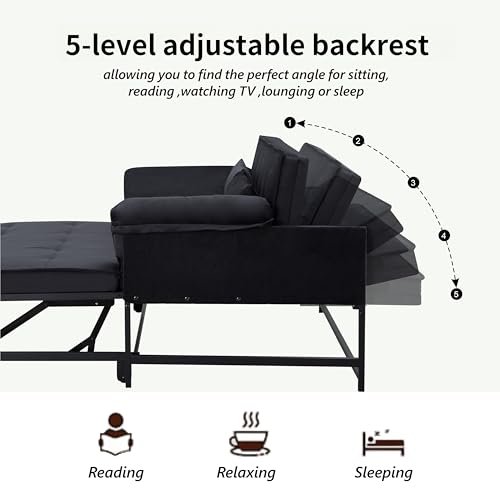 3 in 1 Sleeper Sofa Bed with Side Pocket, Black Convertible Futon Couch W34330