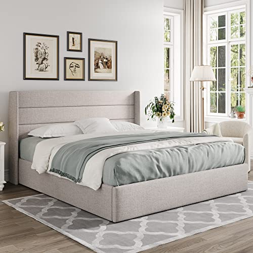 Allewie Full Size Lift Up Storage Bed with Wingback Headboard, Light Beige C85153