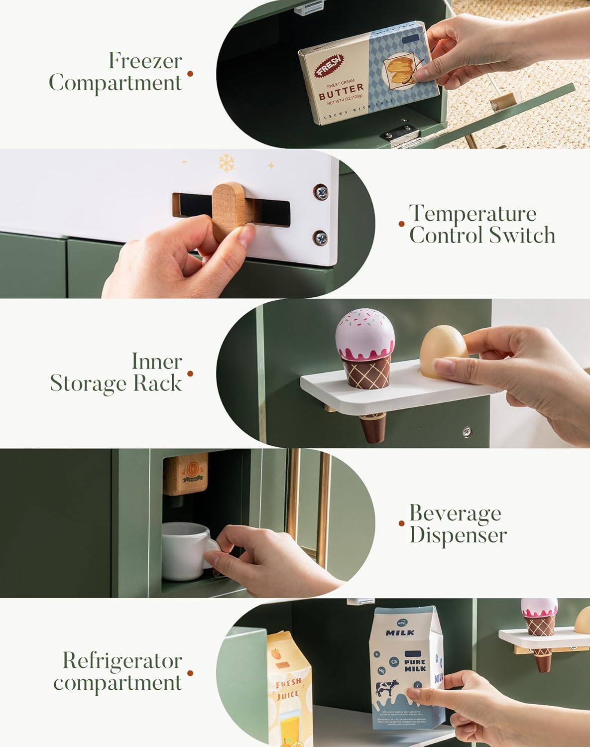 ROBOTIME Wooden Toy Fridge - Play Kitchen Set with Accessories, Vintage Green H96865