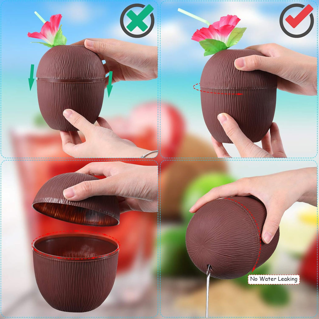 15 Pieces Coconut Cups with Hibiscus Straws for Hawaiian Luau Party A8720