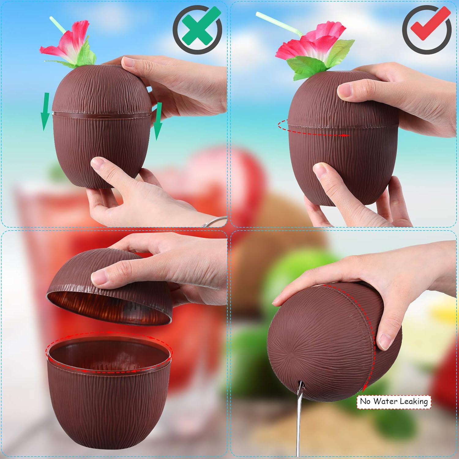 15 Pieces Coconut Cups with Hibiscus Straws for Hawaiian Luau Party A8720