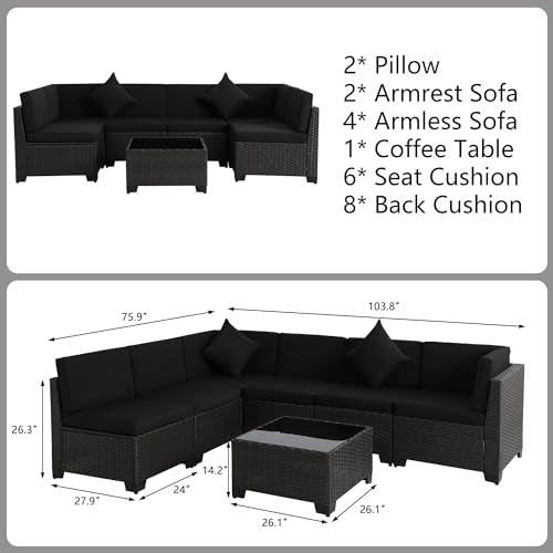 KIGOTY Patio Furniture Set 7 Pieces Outdoor Sectional Sofa with Cushions and Glass Coffee Table B60021