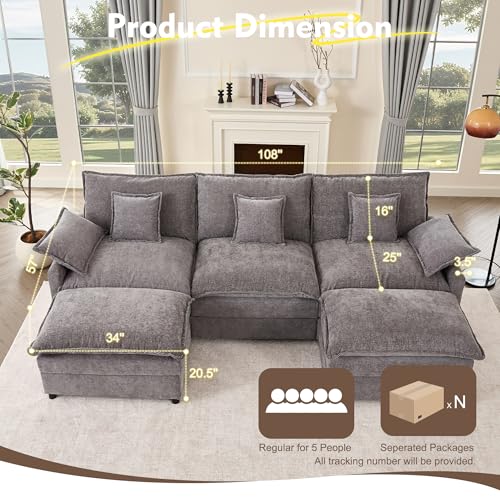 U Shaped Modular Sectional Sofa with Ottoman, Chenille, Black P2121