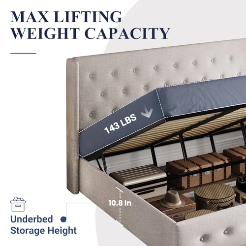 Allewie Full Size Lift Up Storage Bed with Wingback Headboard, Light Beige C85153