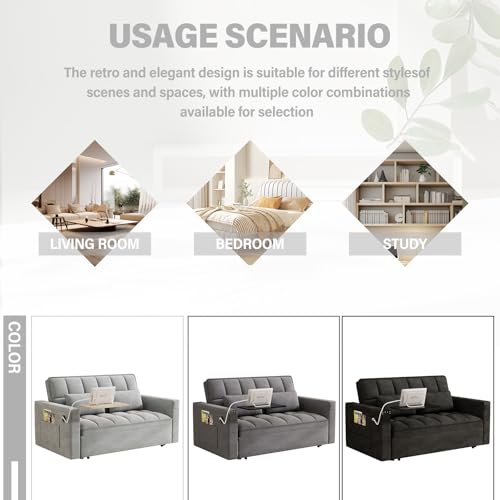 WIIS' IDEA Convertible Sofa Bed 3-in-1 Velvet Sleeper with Adjustable Backrest, Gray L188547