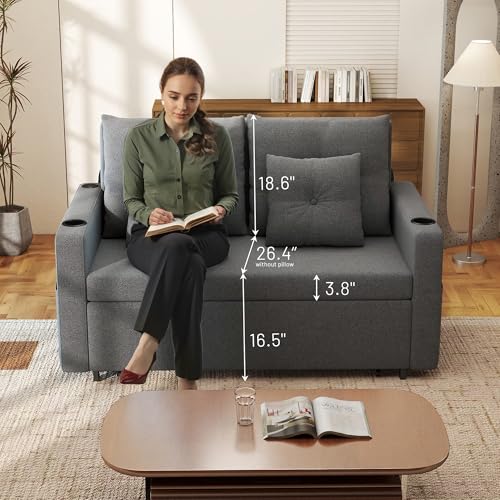 3 in 1 Pull Out Couch Convertible Sleeper Sofa Bed with Cup Holders, Grey U432