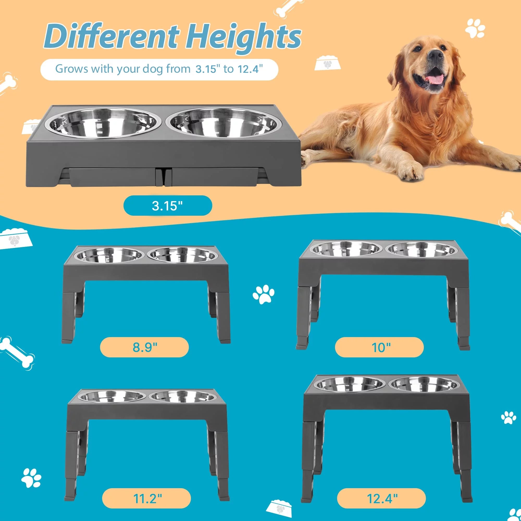 ZALALOVA Elevated Dog Bowls Stand with 2 Stainless Steel Dishes, Adjustable Height for Medium and Large Dogs G801