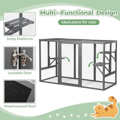Outdoor Cat Enclosure Weatherproof Wooden Catio with 3 Platforms Grey D292834