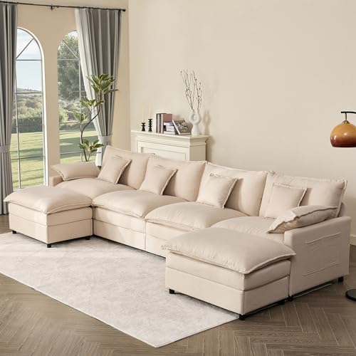 U Shaped Modular Sectional Sofa with Ottoman, Chenille, Black P2121