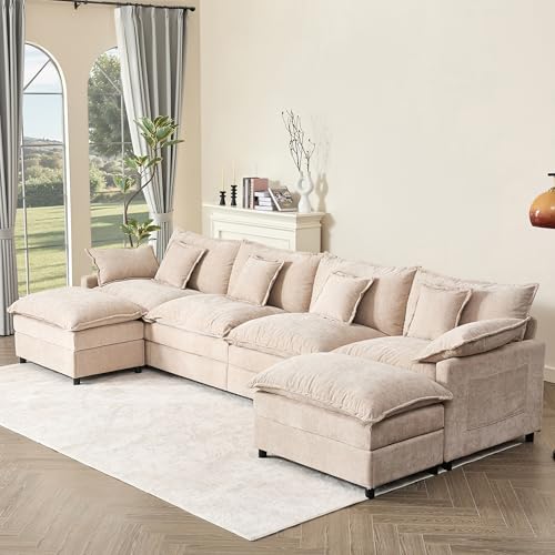 U Shaped Modular Sectional Sofa with Ottoman, Chenille, Black P2121