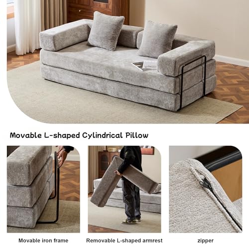 Convertible Floor Sofa Bed with Pillow Back and Armrest, Chenille, Dark Gray N4509