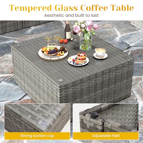 Outdoor Patio Furniture Set with Glass Tea Table, PE Rattan Wicker, Grey V687