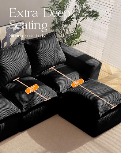 Comfy Cloud Couch with L-Shape Chaise, Modular Sectional Sofa in a Box, Soft Corduroy, Black U67688