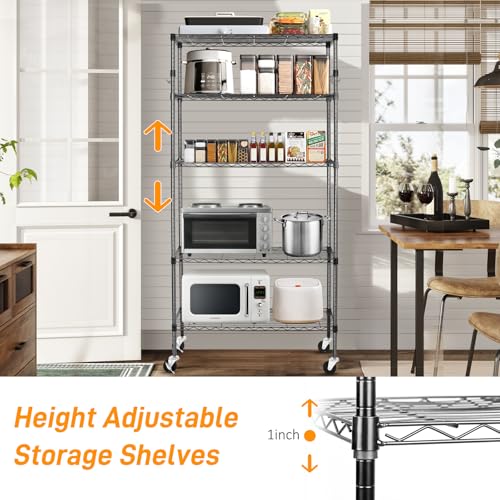 6 Tier Storage Shelves with Wheels, Heavy Duty Adjustable Metal Shelving Rack, Black T460
