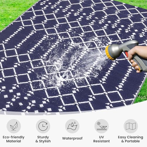 Smiry Waterproof Outdoor Rug 5x8 ft, Reversible Plastic Straw Patio Mat, Black & Beige P20186