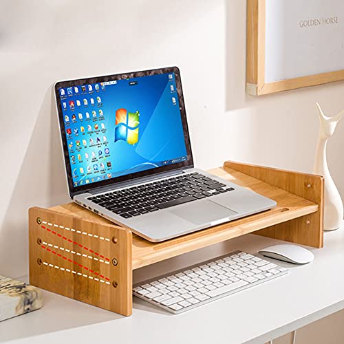 Bamboo Computer Monitor Stand Riser for Desktop Organizer, Wood Stand Storage Monitor Increase Rack Desktop Shelf for Laptop, Tablet, Cellphone, Keyboard, Printer (20inch Adjustable Style)