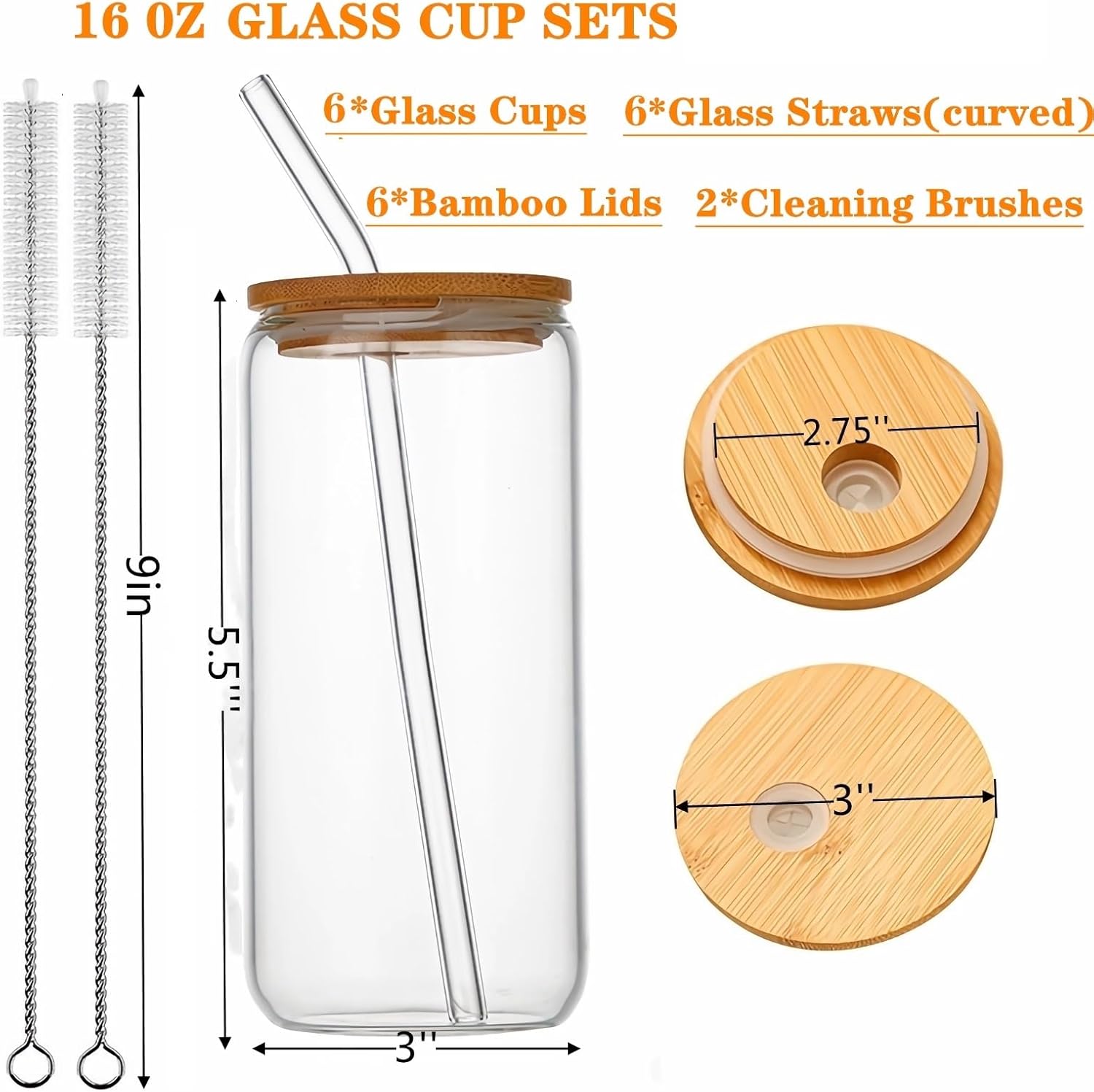6 Pack Glass Cups with Bamboo Lids and Straws 16 oz Z667