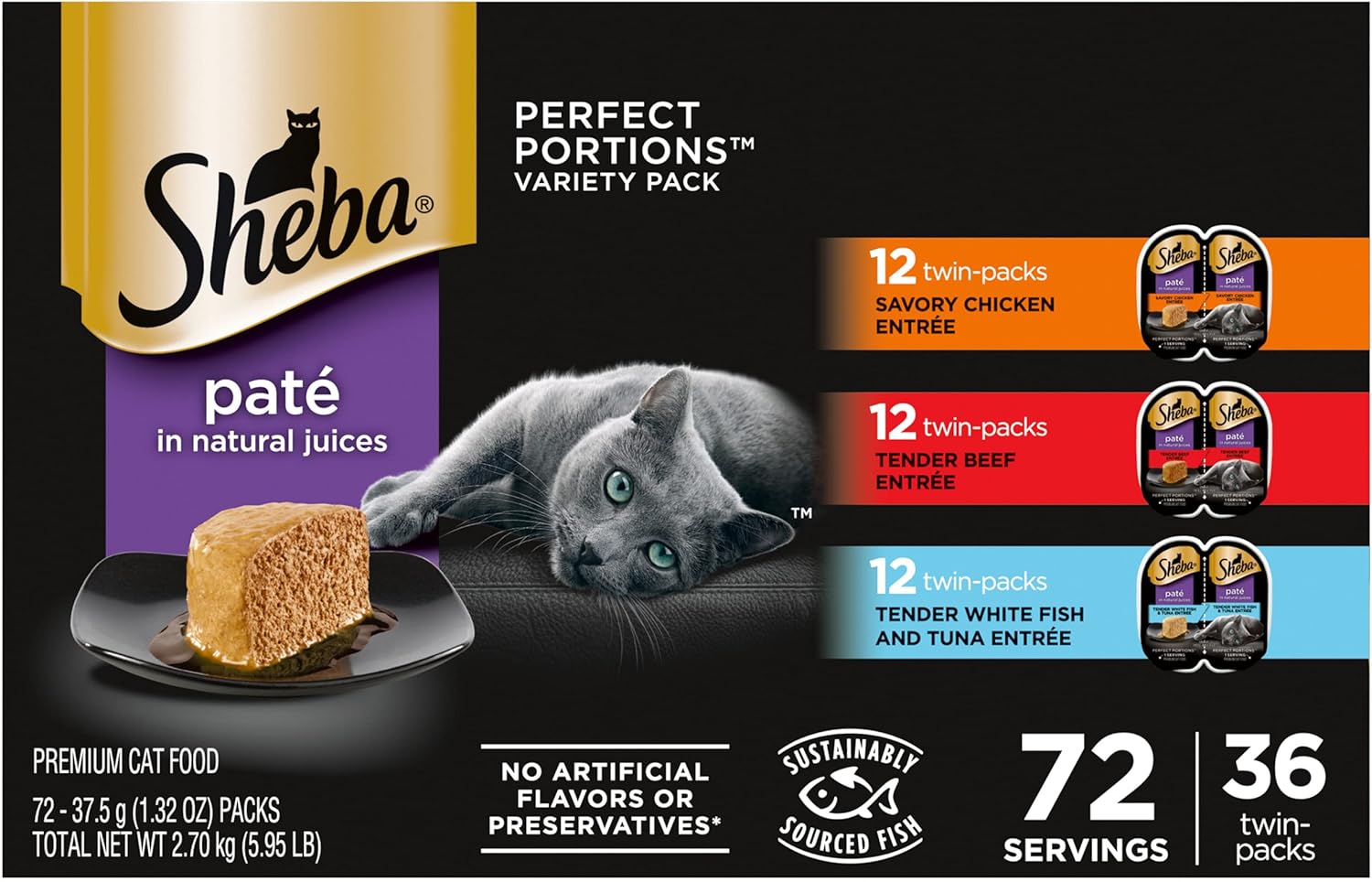 SHEBA Perfect Portions Paté Wet Cat Food Trays (36 Count, 72 Servings), Savory Chicken, Tender Beef, Tender Whitefish & Tuna Entrée, Easy Peel Twin-Pack Trays