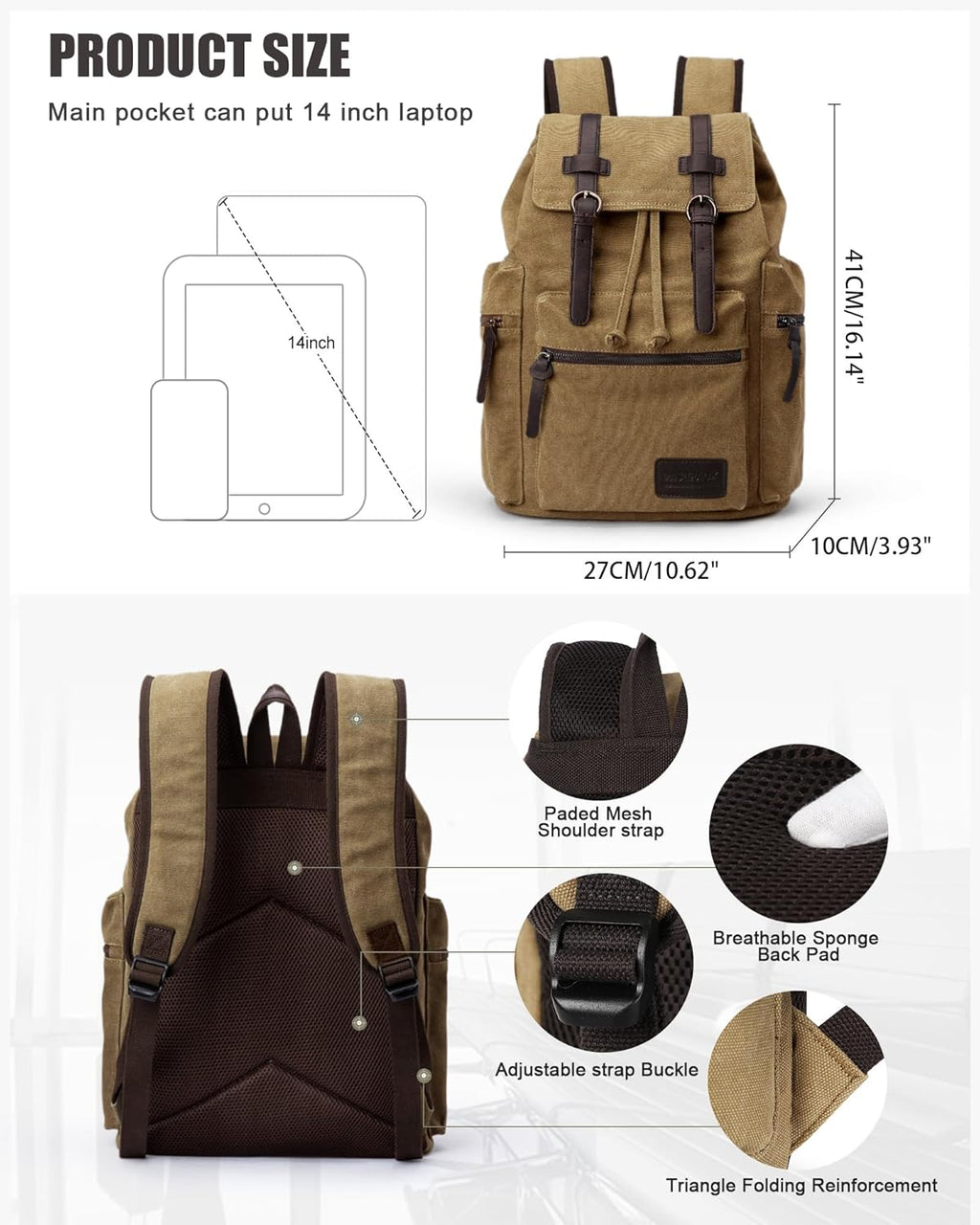 Canvas Vintage Casual Daypack Backpack for Men Women, Water Resistant Lightweight, 14 Inch Laptop Rucksack E55739
