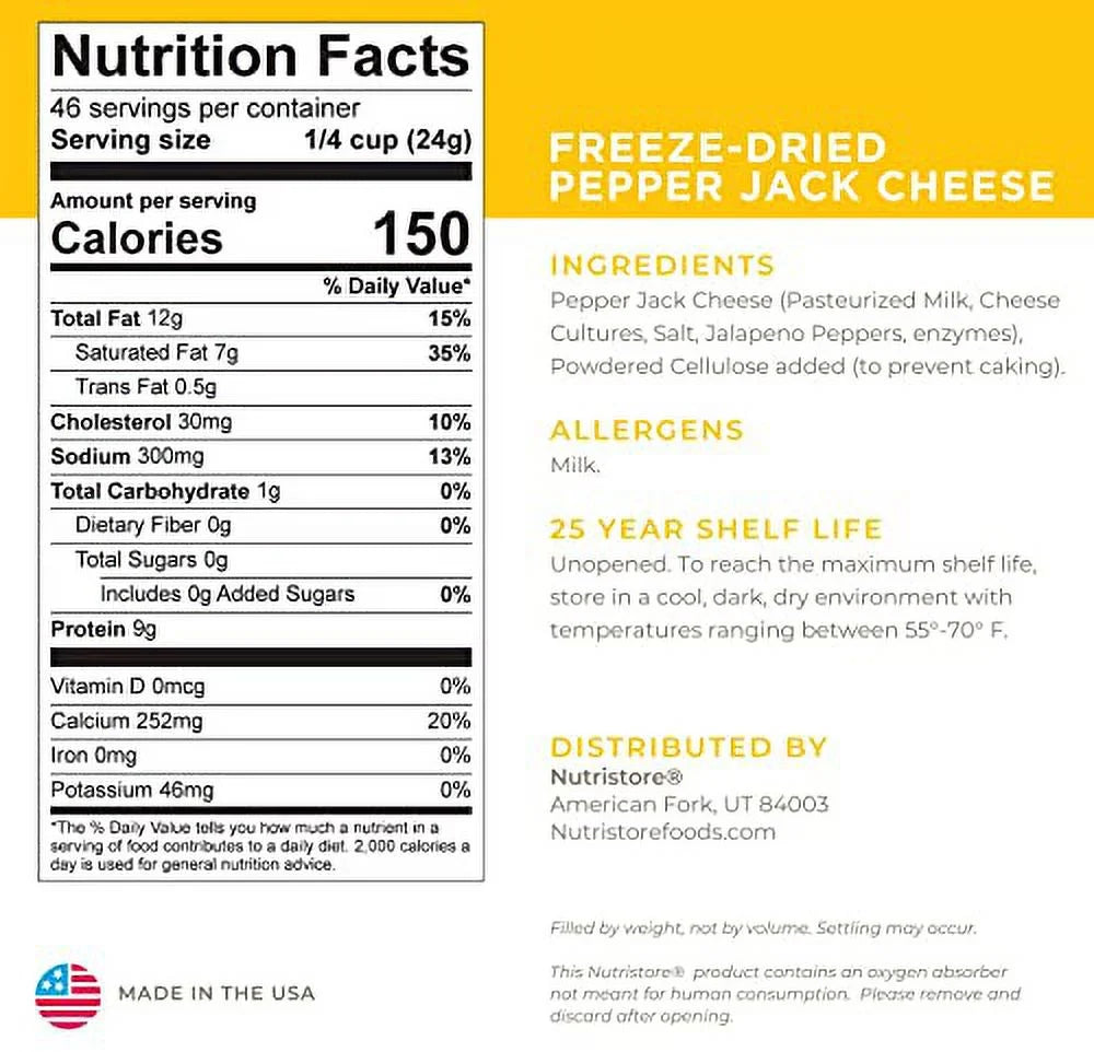 Nutristore Freeze-Dried Pepper Jack Cheese Shredded for Snacking, Camping & Emergency Food Storage Y364905